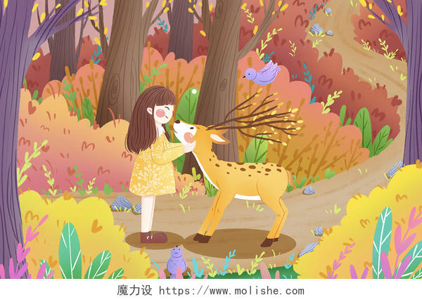 世界动物日秋天插画卡通黄色立秋秋天森林女孩与鹿原创插画海报素材